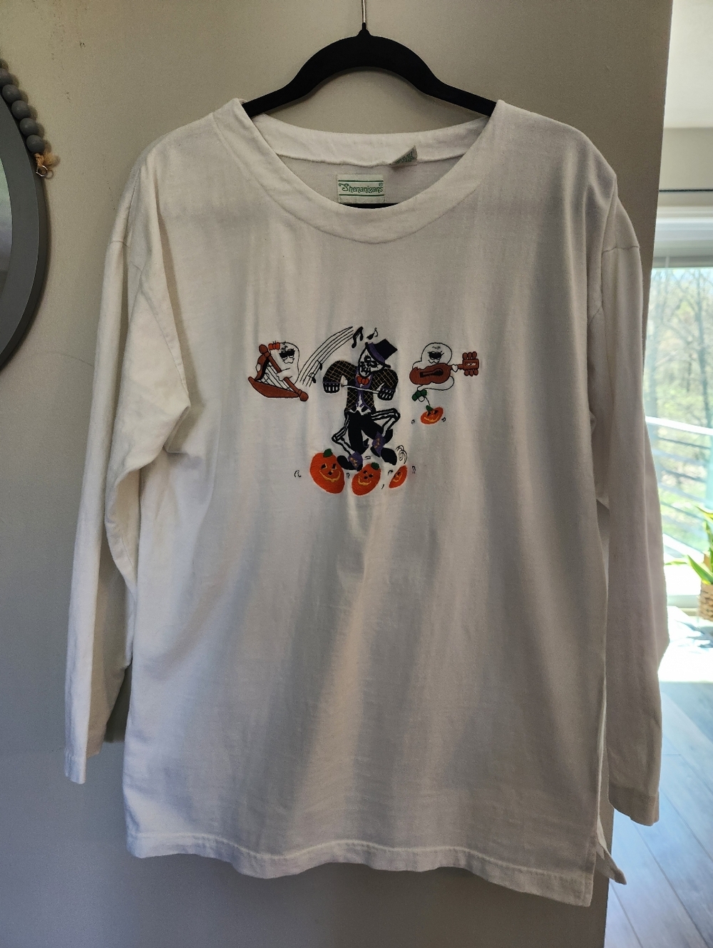 Shenanigans Embroidered Halloween Musical Skeleton, Pumpkin & Ghosts Shirt